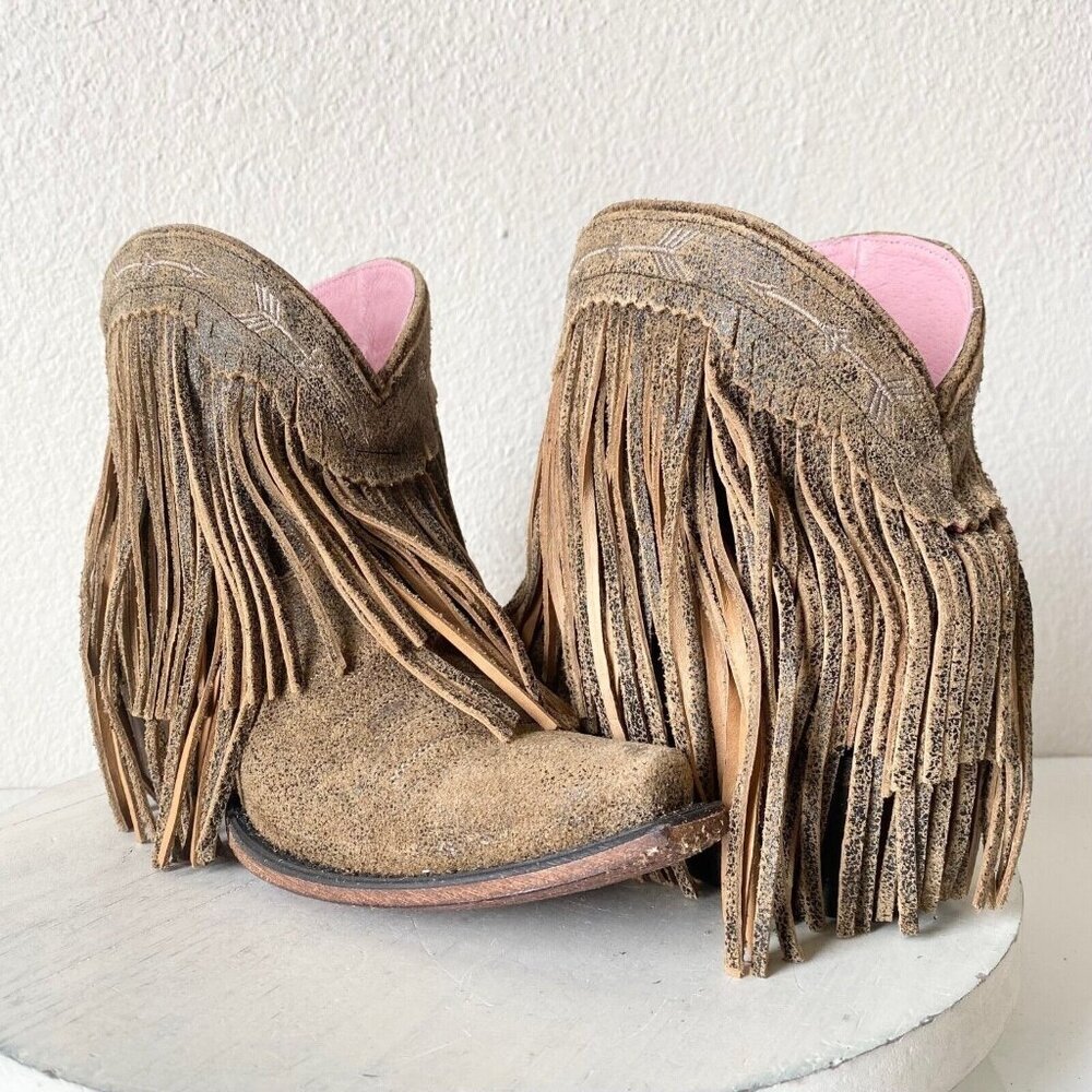 Lane Junk Gypsy Spitfire Fringe Cowboy Boots Brown Short Ankle Booties 5 New
